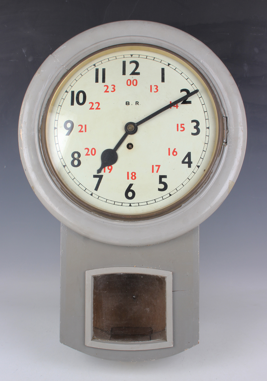 An early 20th century and later grey painted drop dial railway clock with brass eight day single