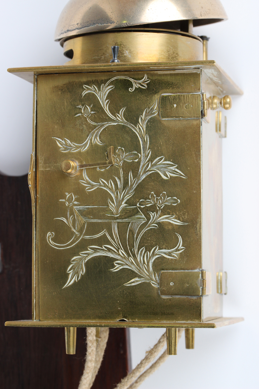 A mid to late 19th century Japanese engraved brass kake-dokei lantern timepiece with alarm, the - Image 5 of 10