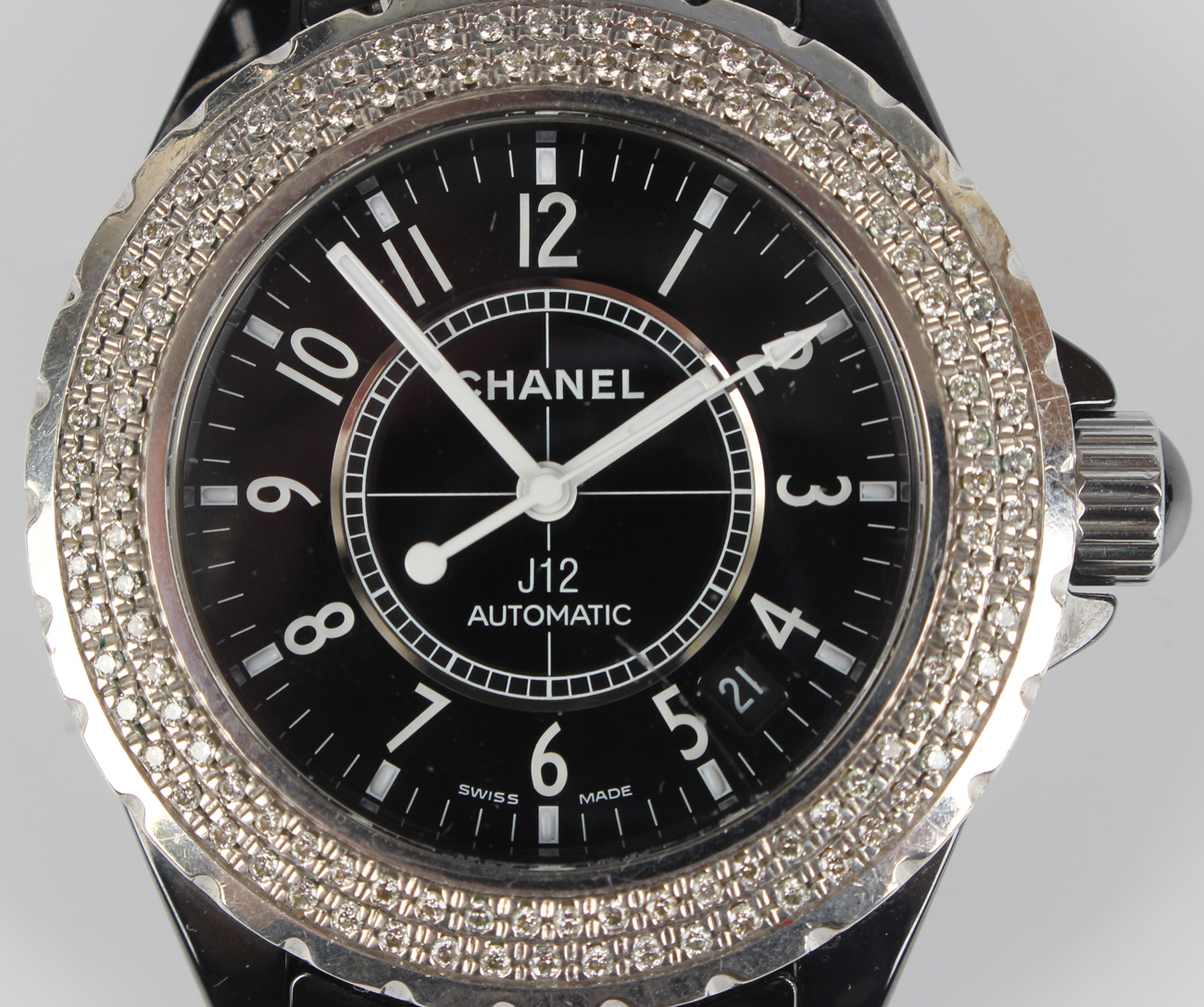 A Chanel J12 automatic black ceramic and diamond set gentleman's bracelet wristwatch, Ref. No. N.M - Image 7 of 7