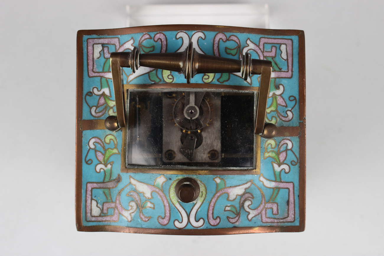 A 20th century Chinese cloisonné and brass cased carriage alarm clock, the movement striking hours - Image 3 of 9