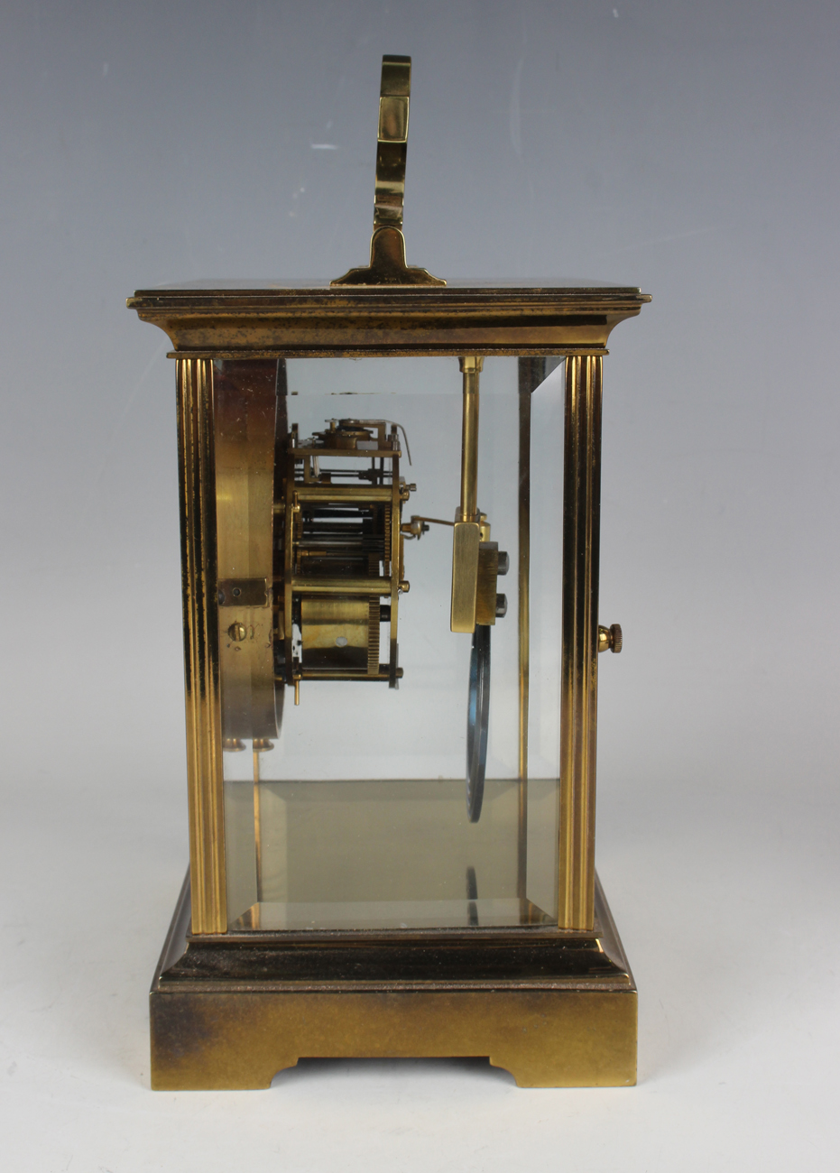 A 20th century French lacquered brass four glass mantel clock, the eight day movement with - Image 4 of 8