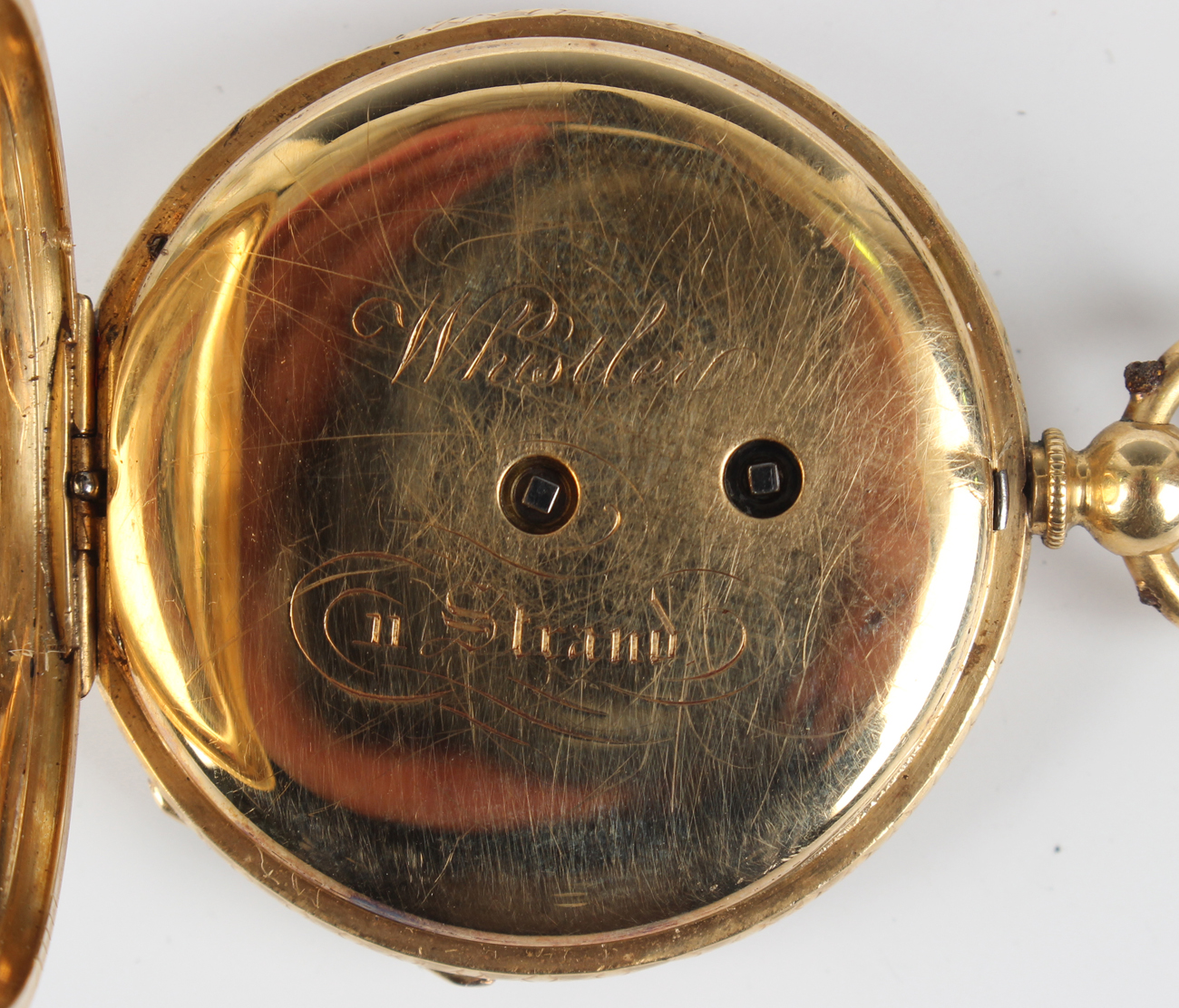 An 18ct gold keywind open-faced fob watch with unsigned jewelled gilt movement, the enamelled dial - Image 5 of 7