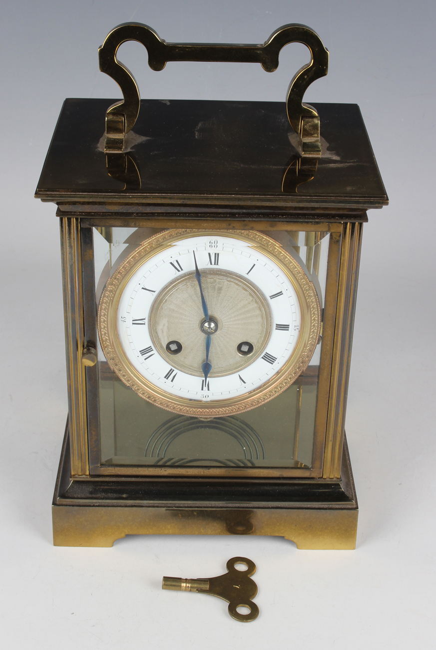 A 20th century French lacquered brass four glass mantel clock, the eight day movement with - Image 2 of 8