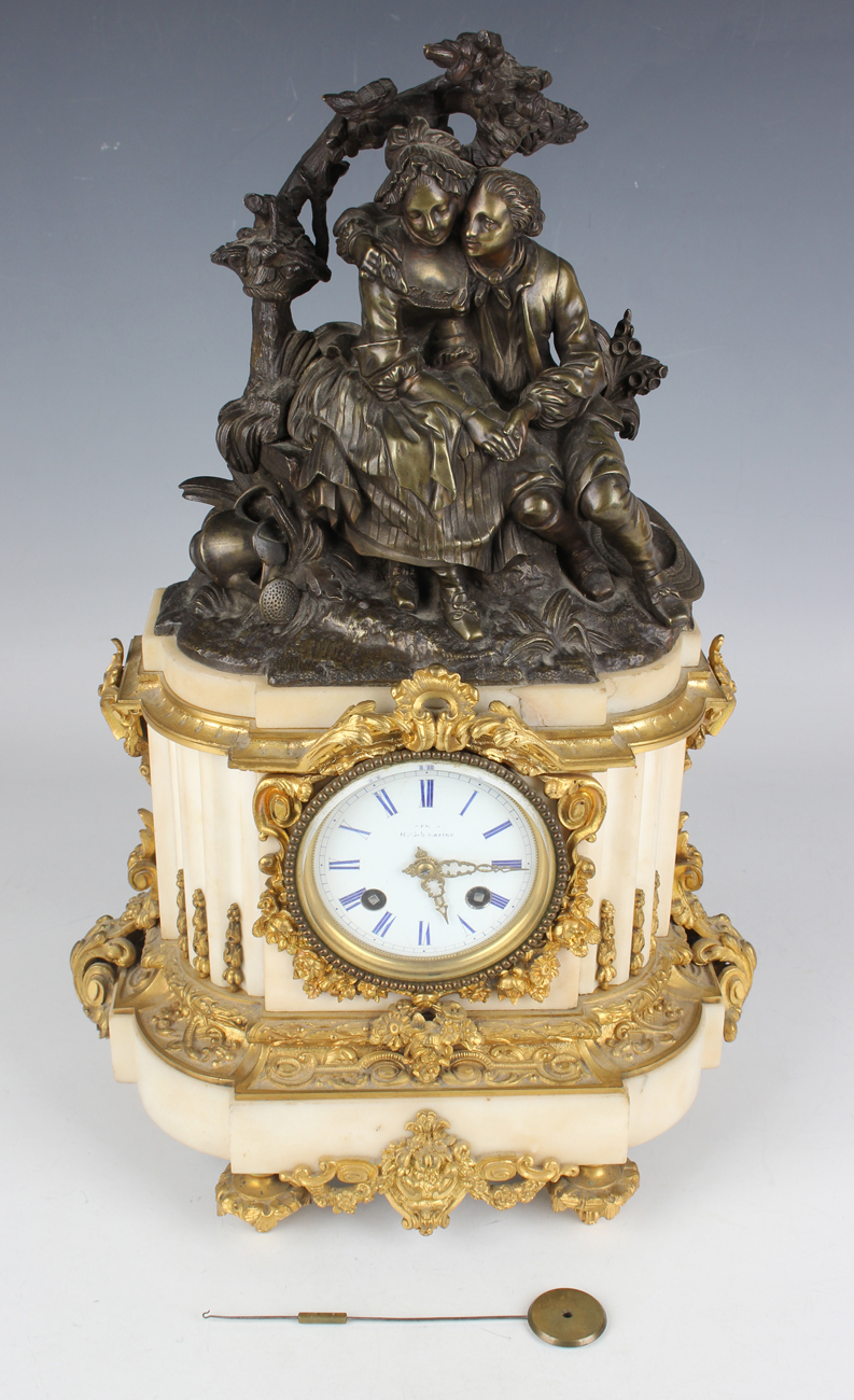 A late 19th century French brown patinated bronze, ormolu and white marble mantel clock, the eight - Image 2 of 9