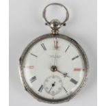 A Victorian silver keywind open-faced pocket watch with fusee movement, the backplate detailed 'Jane