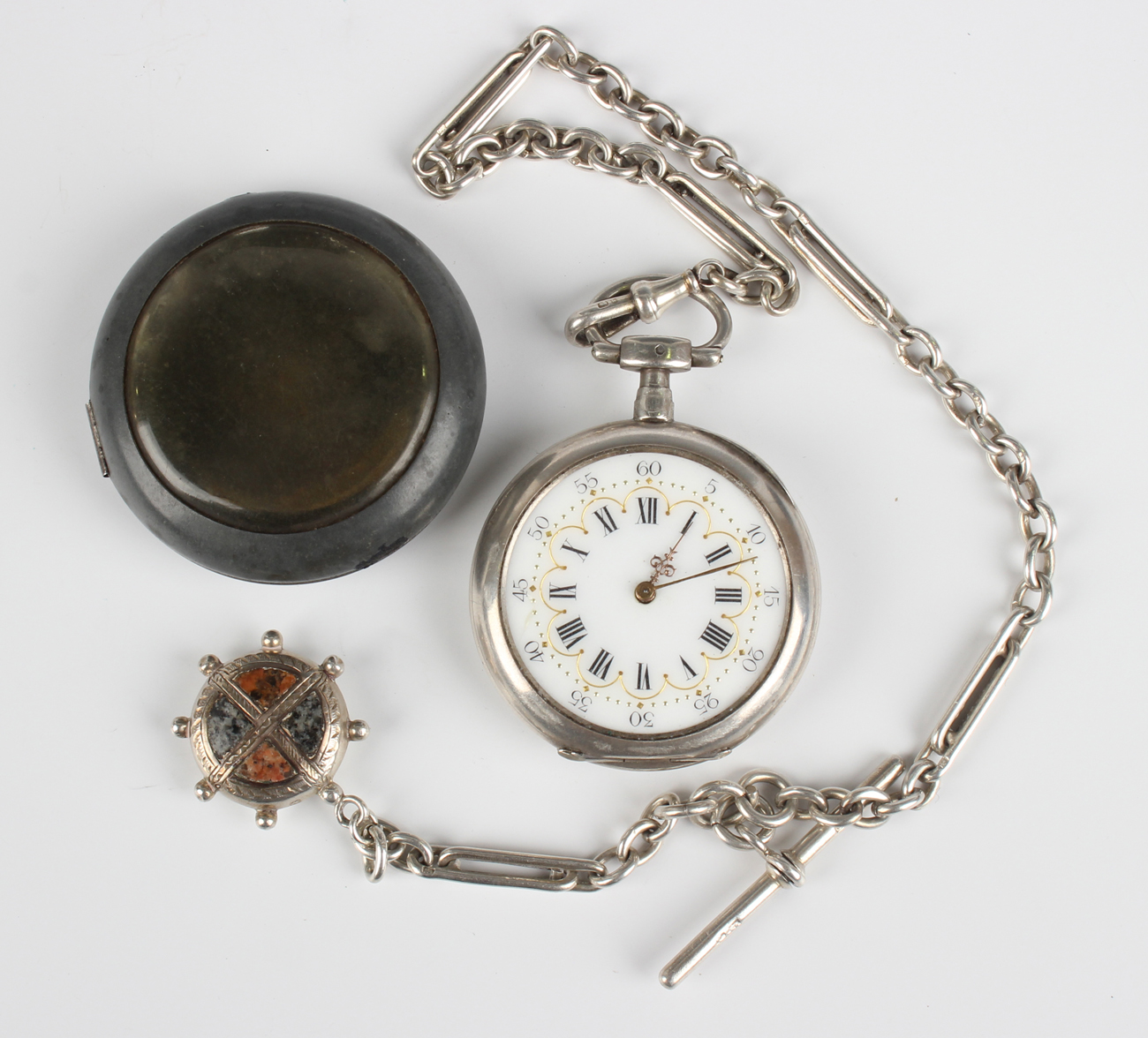 A silver keywind open-faced pocket watch with cylinder movement, the enamelled circular dial with - Image 2 of 8