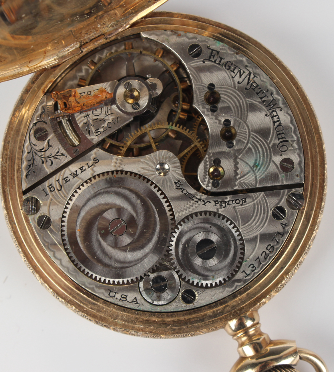 An Elgin 14ct gold keyless wind hunting cased gentleman's pocket watch, the lever movement - Image 5 of 6