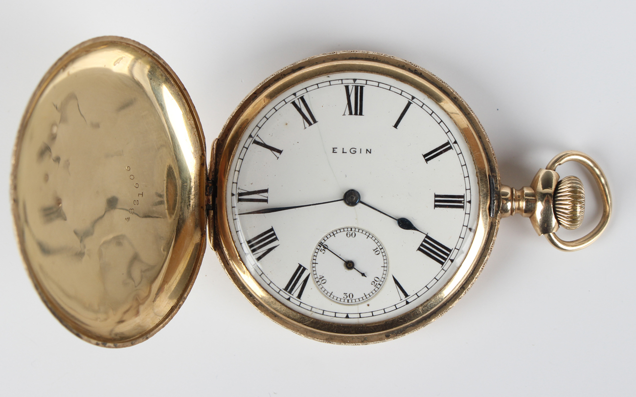 An Elgin 14ct gold keyless wind hunting cased gentleman's pocket watch, the lever movement