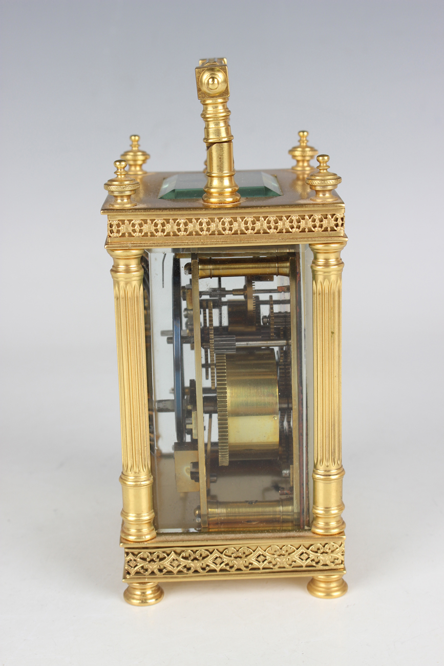 A late 19th century French gilt lacquered brass carriage alarm clock with eight day movement - Image 4 of 8