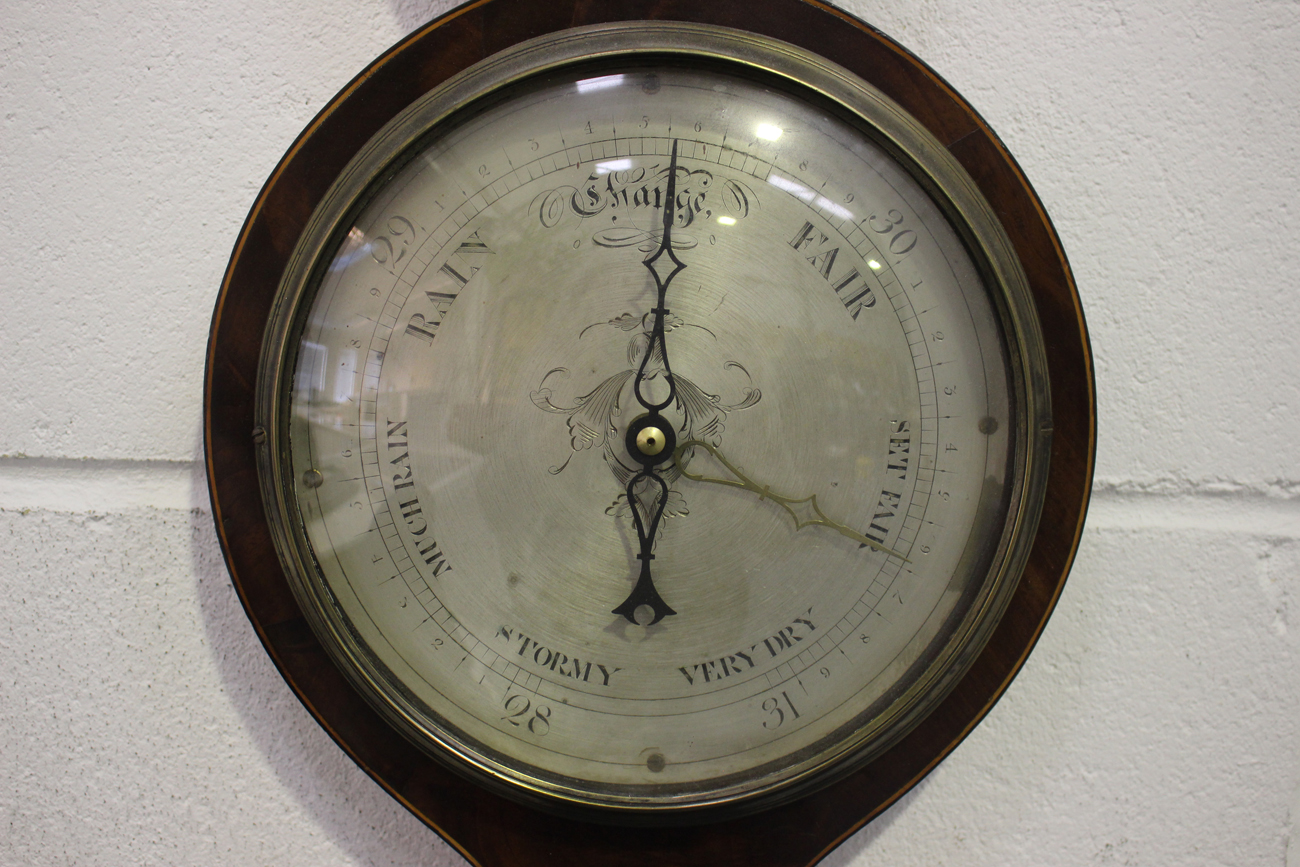 A George III mahogany wheel barometer with silvered dials, hygrometer, alcohol thermometer, convex - Image 4 of 5