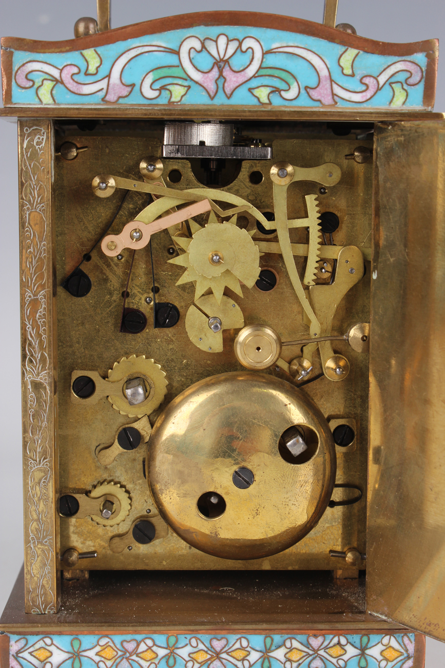 A 20th century Chinese cloisonné and brass cased carriage alarm clock, the movement striking hours - Image 7 of 9