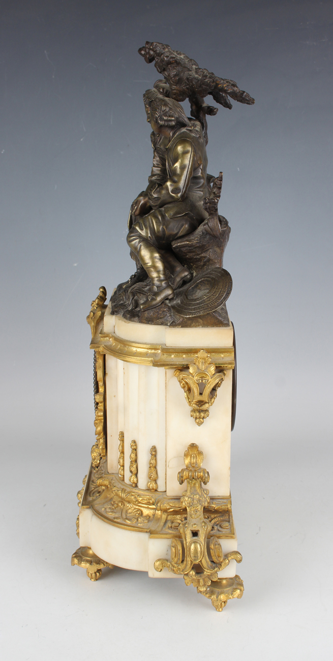A late 19th century French brown patinated bronze, ormolu and white marble mantel clock, the eight - Image 4 of 9