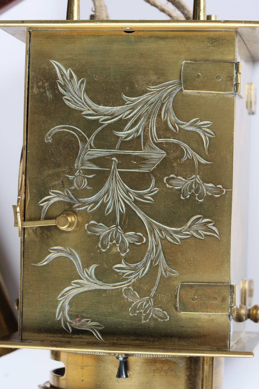 A mid to late 19th century Japanese engraved brass kake-dokei lantern timepiece with alarm, the - Image 3 of 10