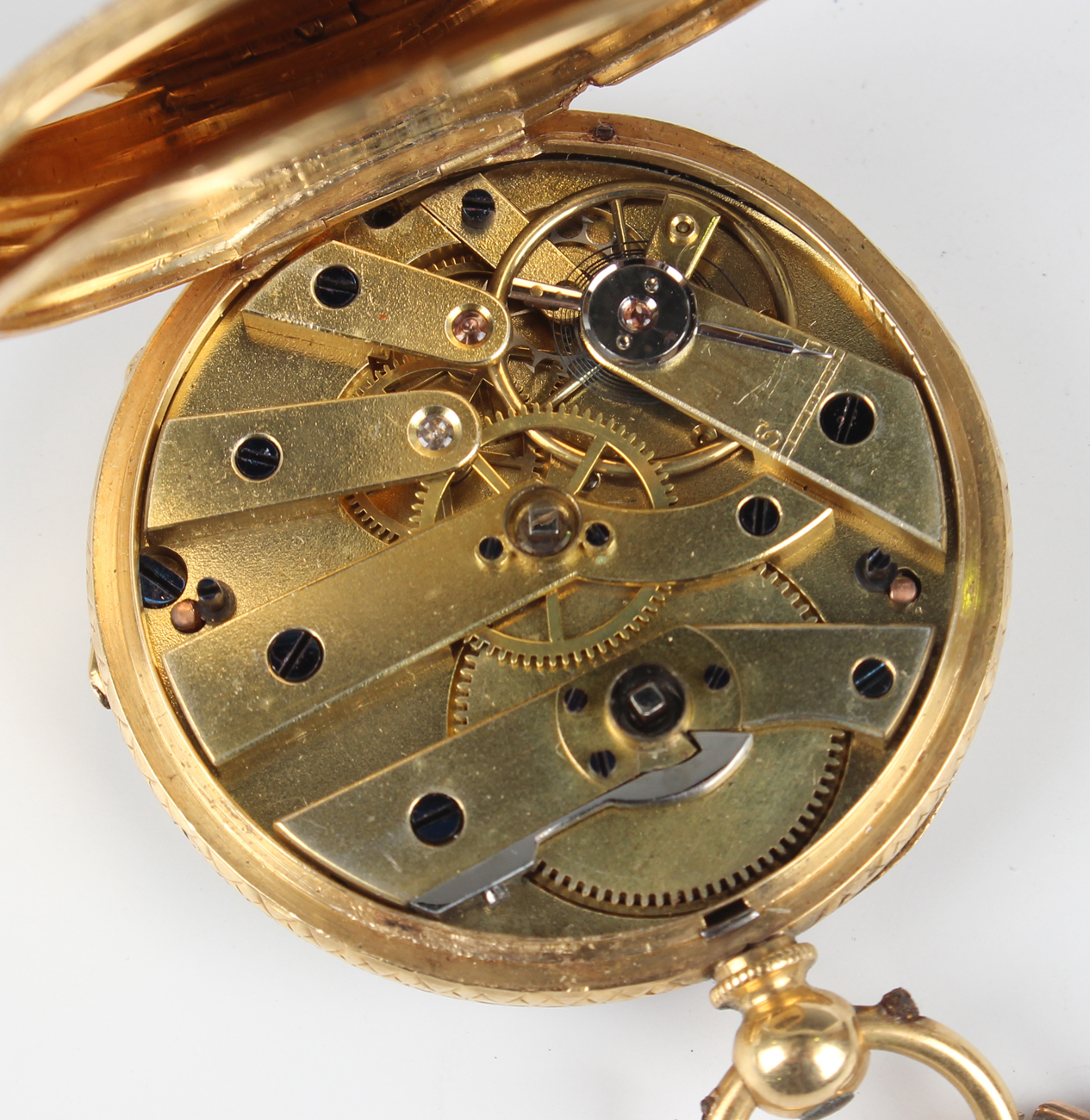 An 18ct gold keywind open-faced fob watch with unsigned jewelled gilt movement, the enamelled dial - Image 6 of 7