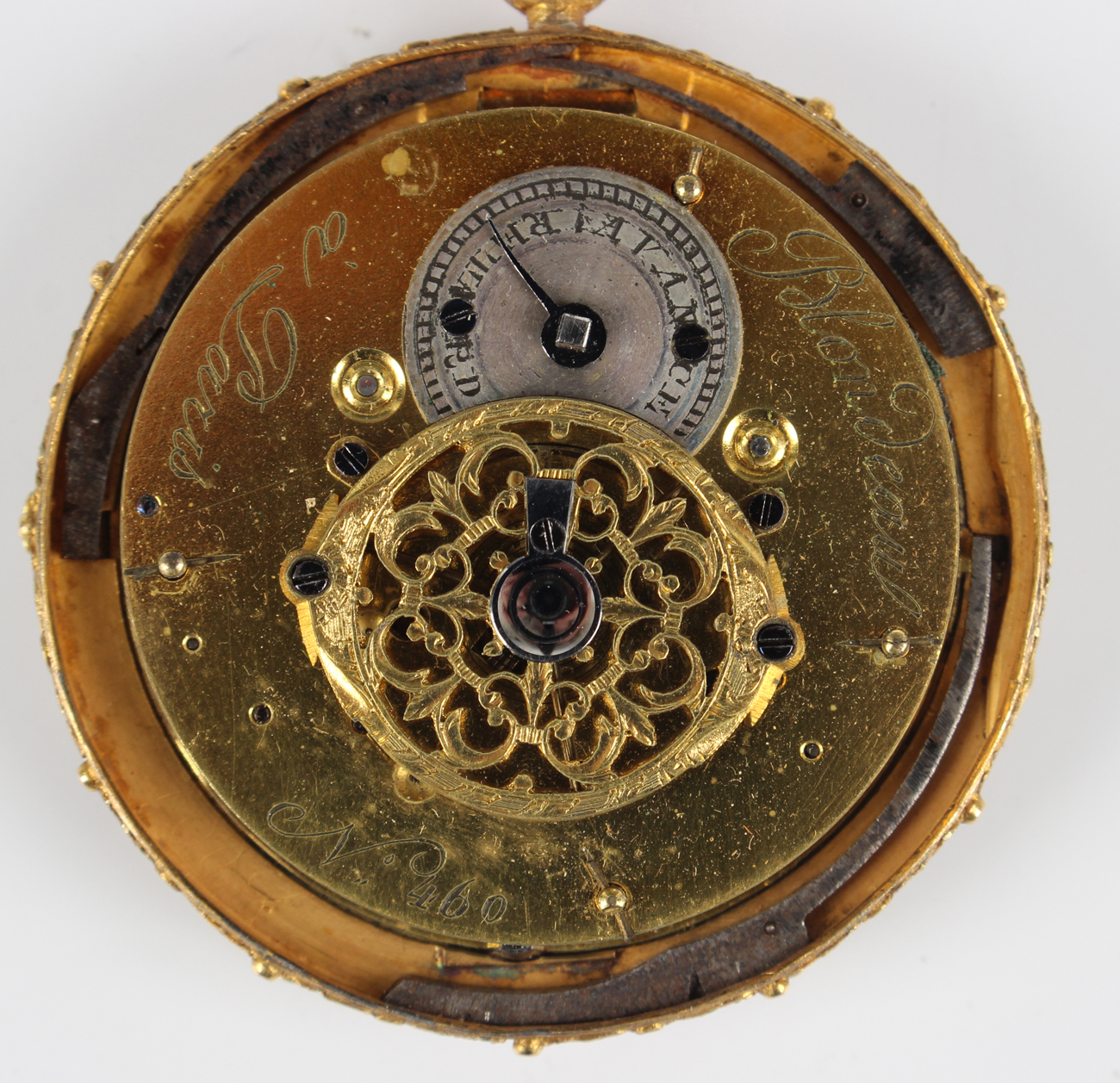 A two colour gold and ruby set keywind open-faced lady's fob watch, circa 1830, the gilt fusee - Image 7 of 8