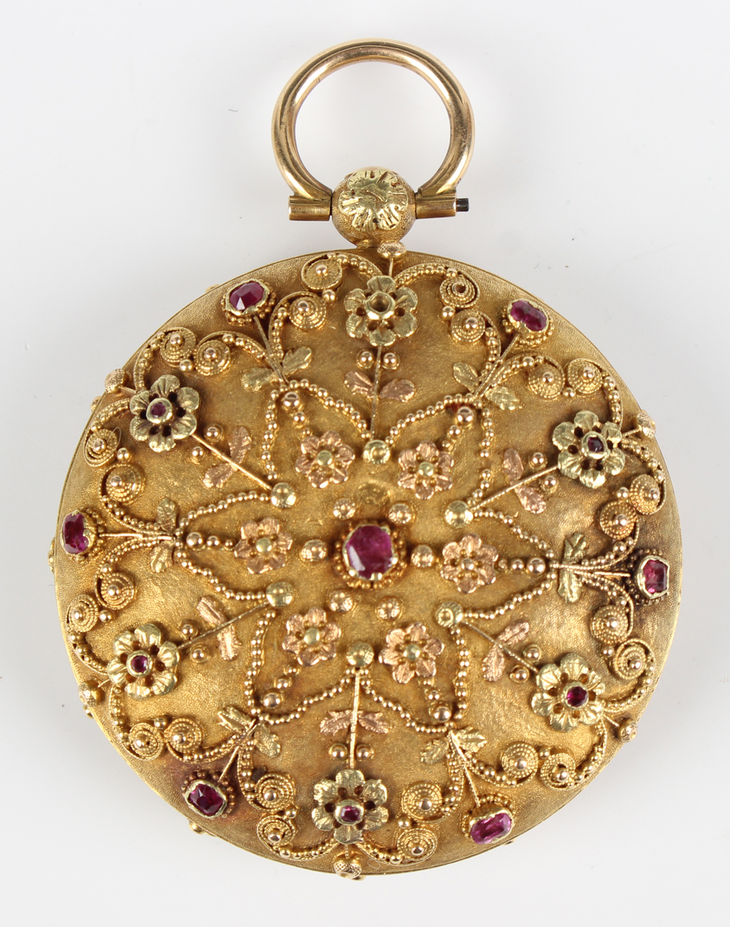 A two colour gold and ruby set keywind open-faced lady's fob watch, circa 1830, the gilt fusee - Image 6 of 8
