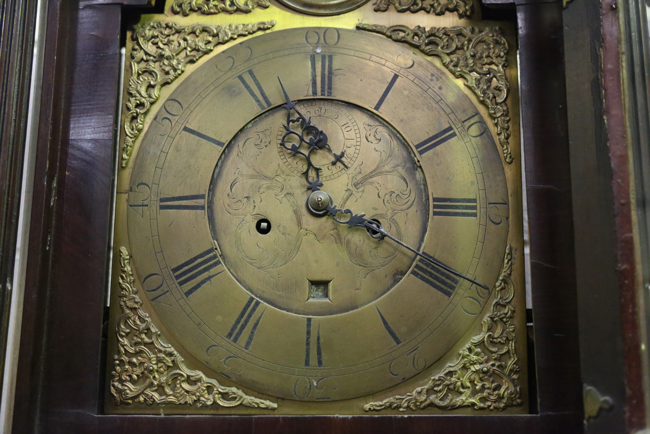 A George III mahogany longcase clock with eight day movement striking on a bell, the 12-inch brass - Image 11 of 12