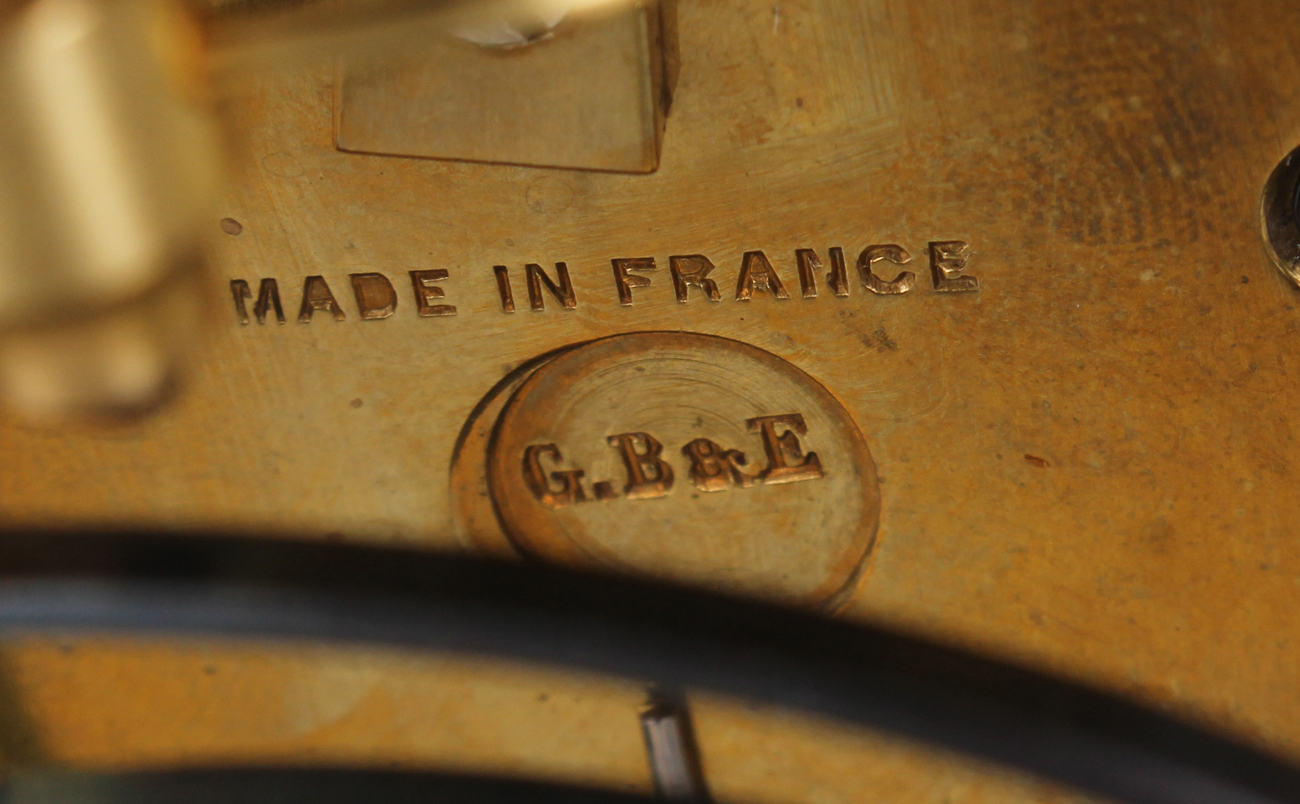 A 20th century French lacquered brass four glass mantel clock, the eight day movement with - Image 6 of 8