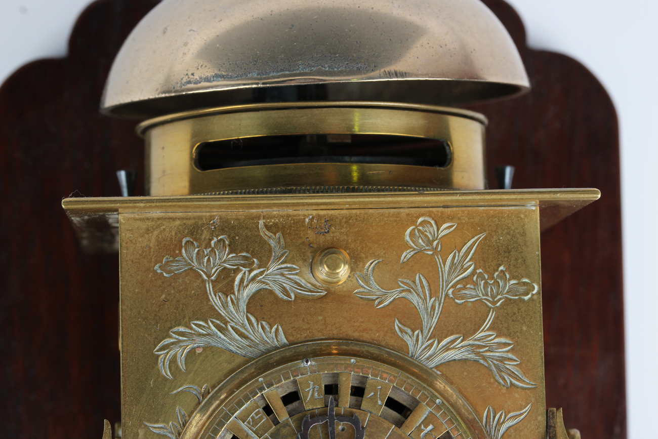 A mid to late 19th century Japanese engraved brass kake-dokei lantern timepiece with alarm, the - Image 9 of 10