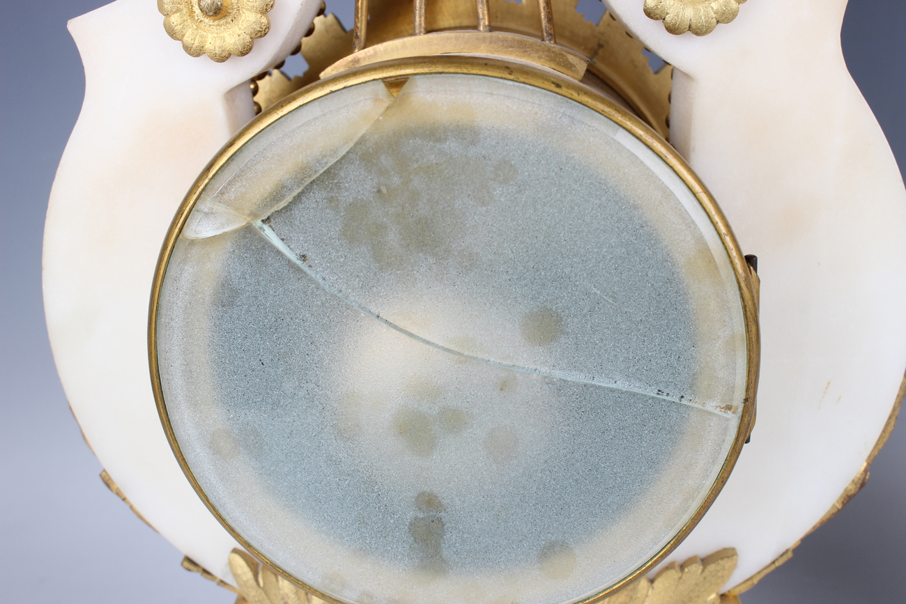 A late 19th century French ormolu mounted white marble Marie Antoinette style mantel clock and - Image 8 of 12