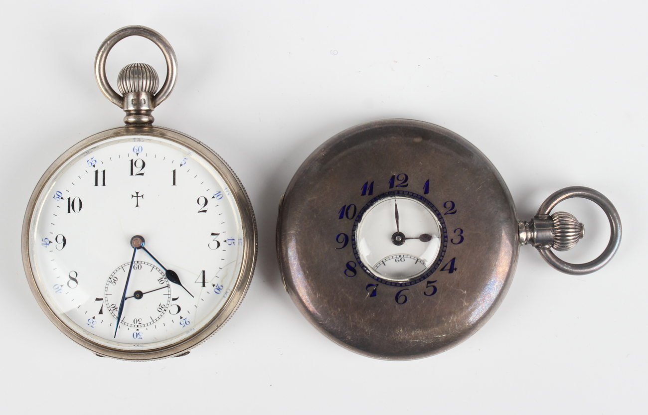 A silver keyless wind half hunting cased gentleman's pocket watch, the gilt jewelled movement with