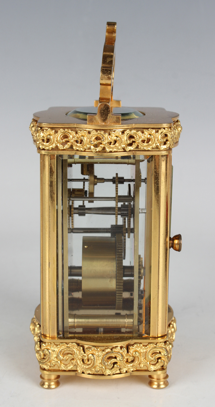 A late 19th/early 20th century French lacquered brass carriage timepiece with eight day movement, - Image 5 of 9