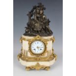 A late 19th century French brown patinated bronze, ormolu and white marble mantel clock, the eight