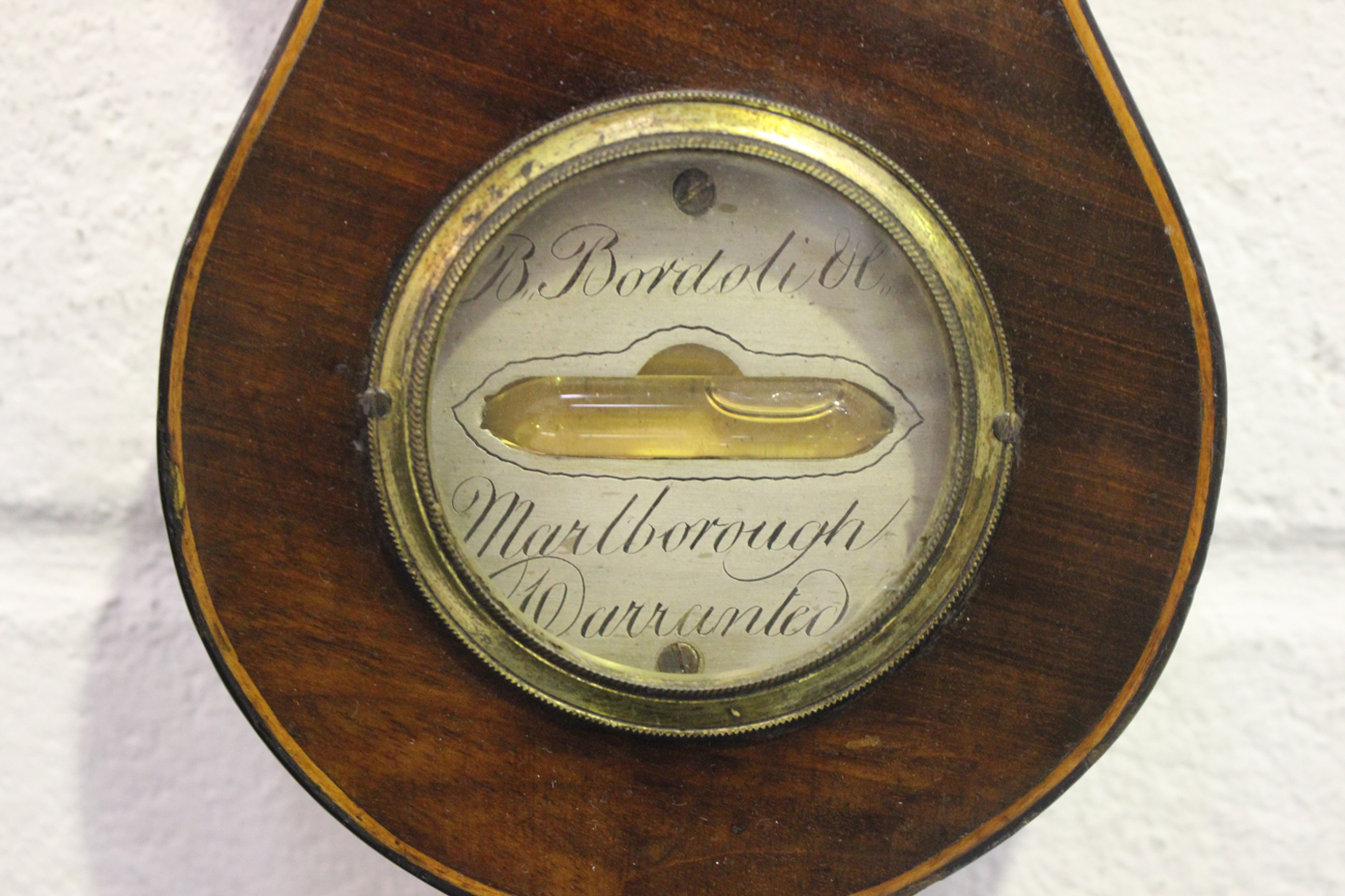 A George III mahogany wheel barometer with silvered dials, hygrometer, alcohol thermometer, convex - Image 5 of 5