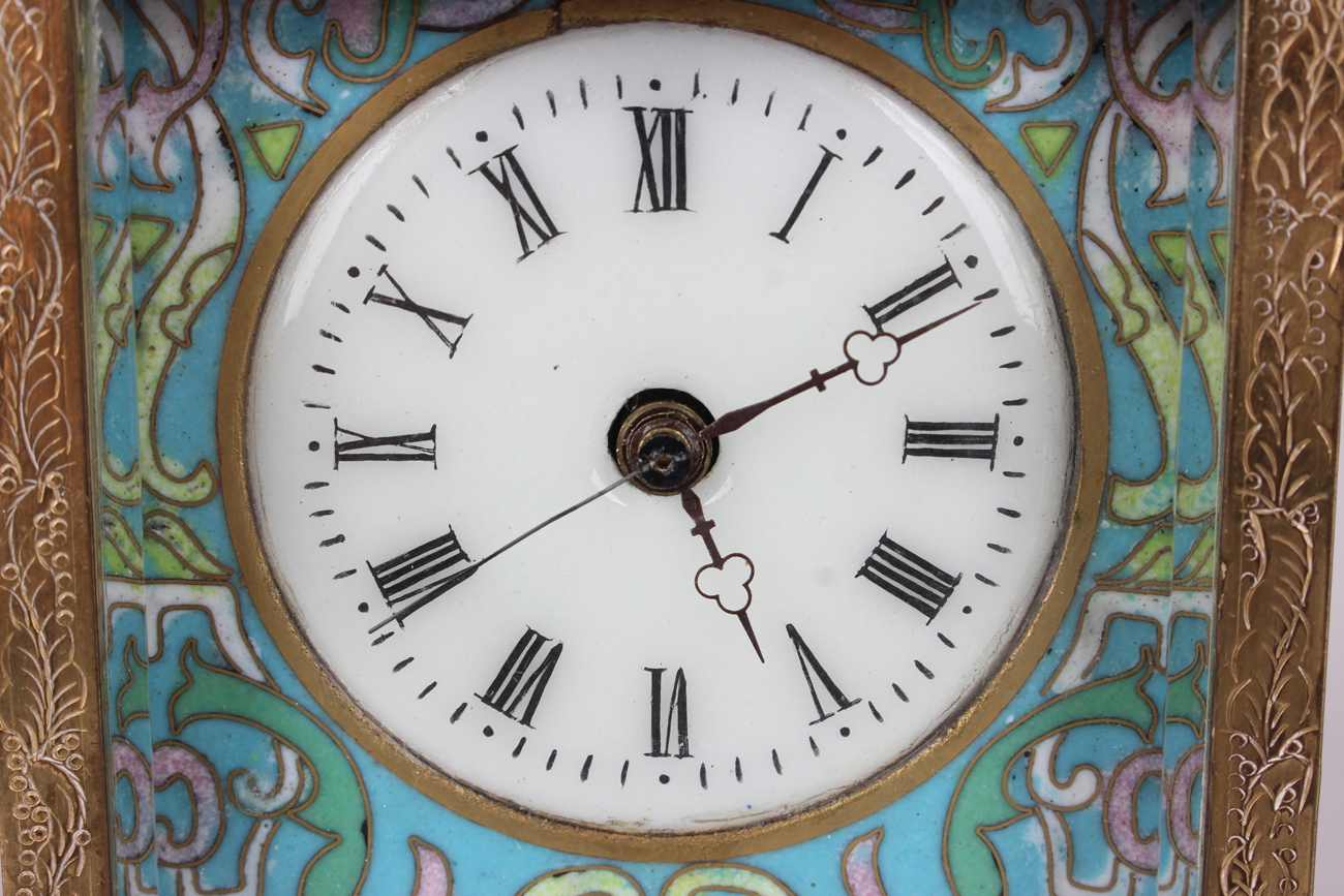 A 20th century Chinese cloisonné and brass cased carriage alarm clock, the movement striking hours - Image 9 of 9