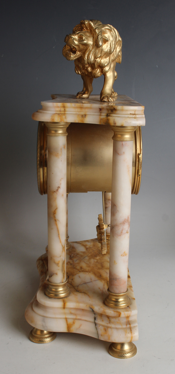 A late 19th/early 20th century gilt metal mounted marble portico clock with eight day movement - Image 4 of 10