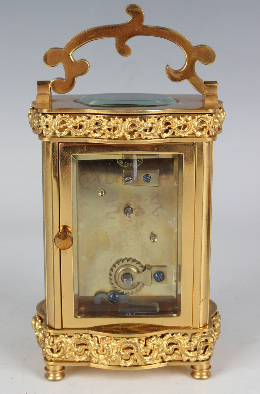 A late 19th/early 20th century French lacquered brass carriage timepiece with eight day movement, - Image 6 of 9