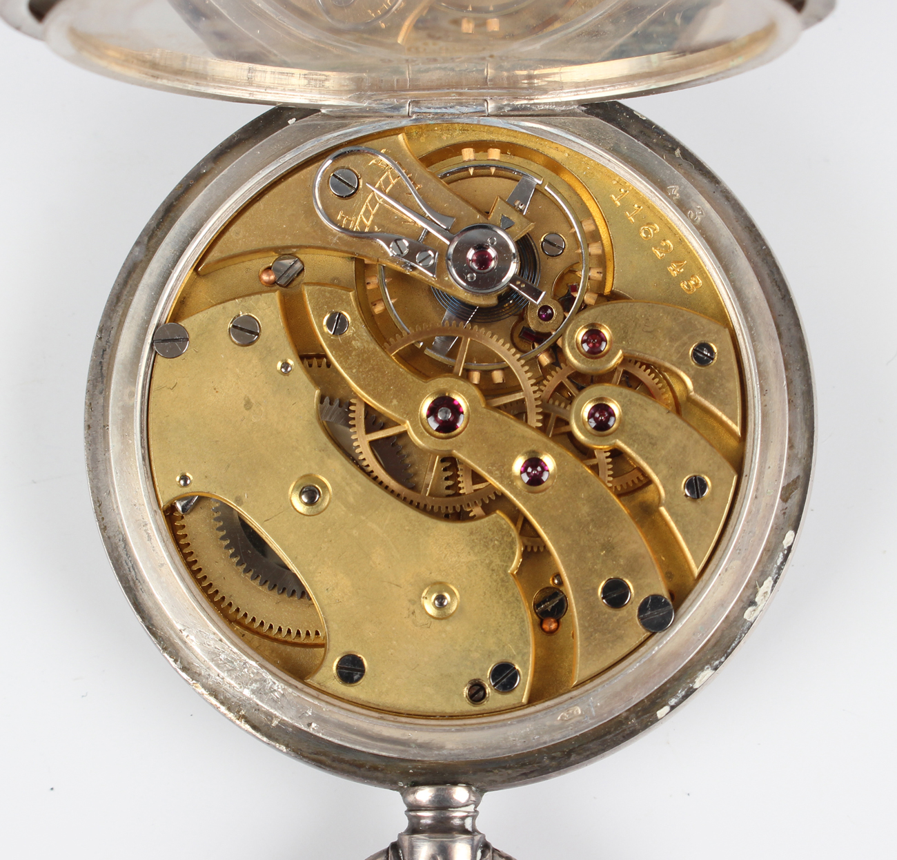 A silver keyless wind half hunting cased gentleman's pocket watch, the gilt jewelled movement with - Image 8 of 9