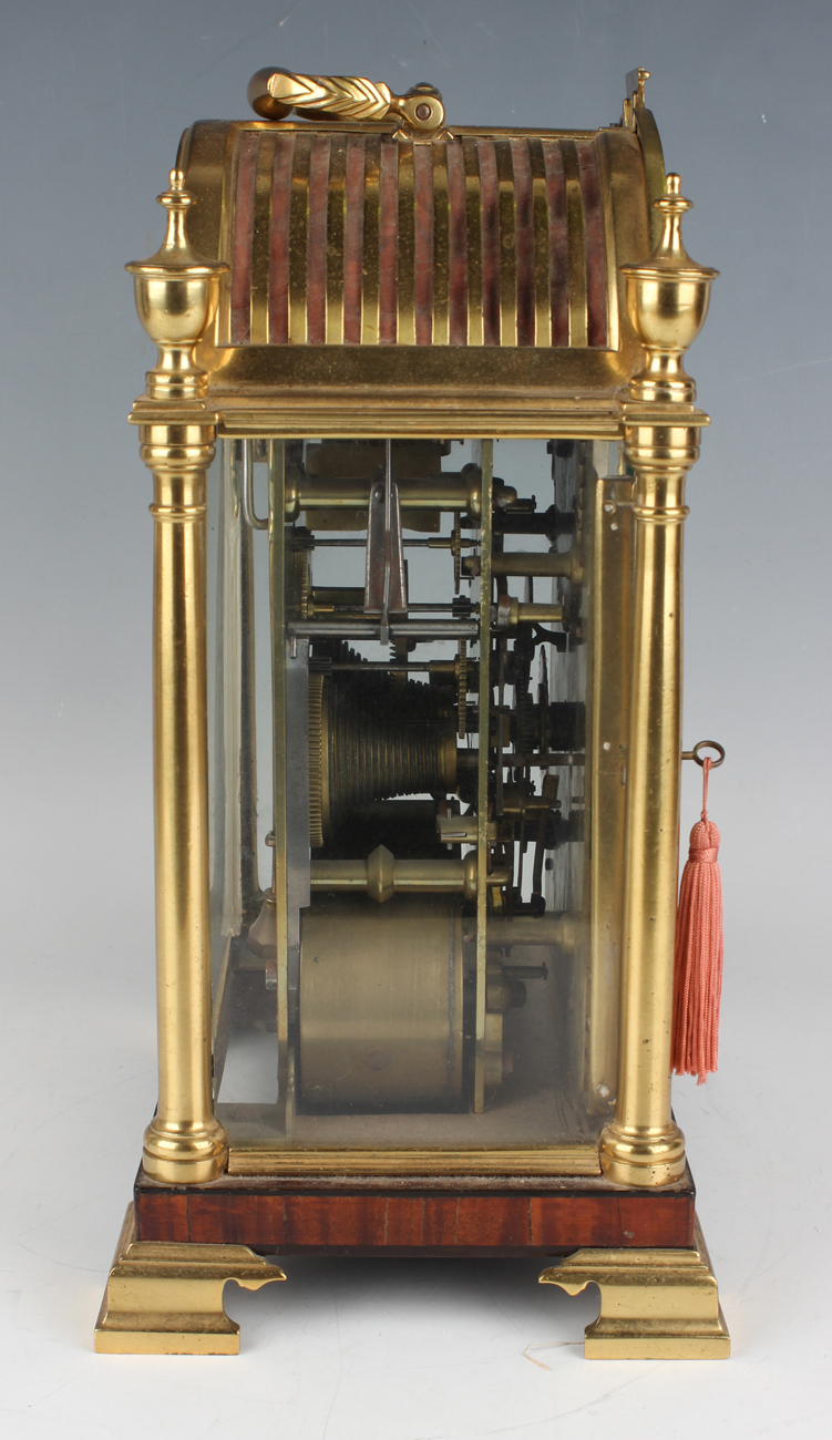 An early 20th century gilt lacquered brass and mahogany cased calendar bracket clock, the brass four - Image 3 of 7