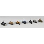 Four Dinky Toys motorcycles and sidecars and three solo motorcycles and riders (some playwear and