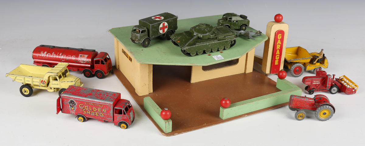 A collection of playworn diecast vehicles, including Dinky Toys and Supertoys No. 157 Jaguar, No.