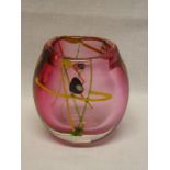 A Cornish art glass tapered vase with yellow, green and pink decoration by G B Clarke, signed,