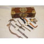 A Chinese brass mounted rectangular jewellery box containing a selection of various ladies and