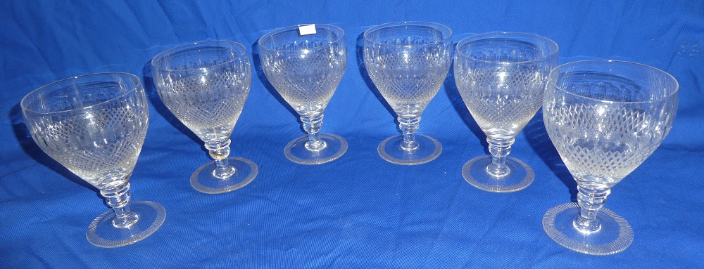 A set of six cut glass rummer style goblets 6" high