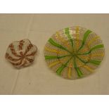 An unusual Venetian glass circular bowl with green and yellow striped decoration and one other
