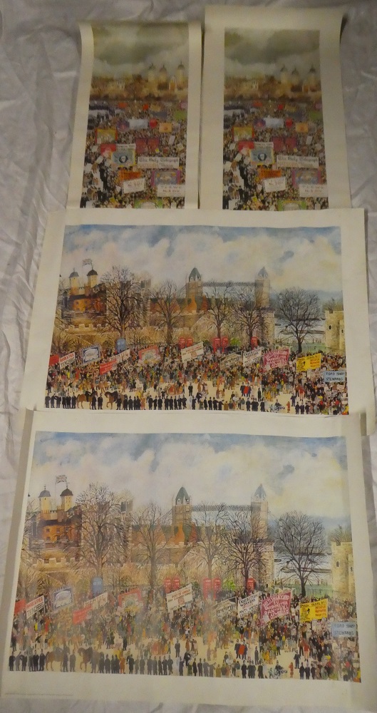 Four various unframed coloured prints depicting 1970's political marches