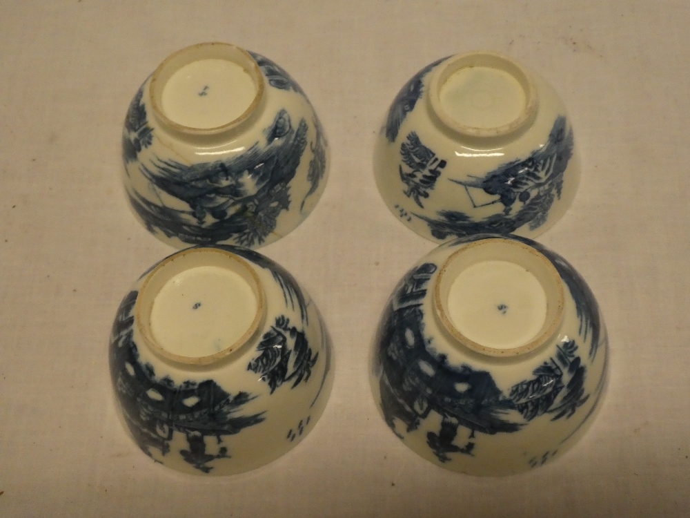 Four 18th Century china tea bowls with blue and white figure and landscape decoration (one af) - Image 3 of 3