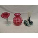 A cranberry tinted tapered vase with painted decoration,