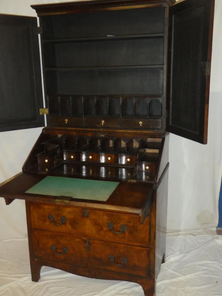 A George III mahogany cross banded bureau bookcase, the fitted interior with numerous drawers, - Image 3 of 5