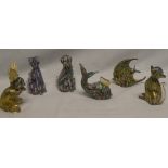 Six Murano glass millefiori-style figures including cats,