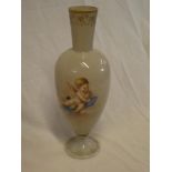 A 19th Century opaque glass tapered pedestal vase decorated with a cherub figure within gilt