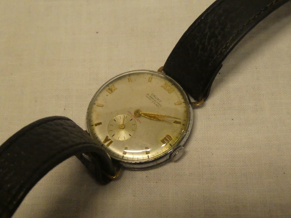 A French military-style gent's wrist watch by Cauny in stainless steel case with leather strap