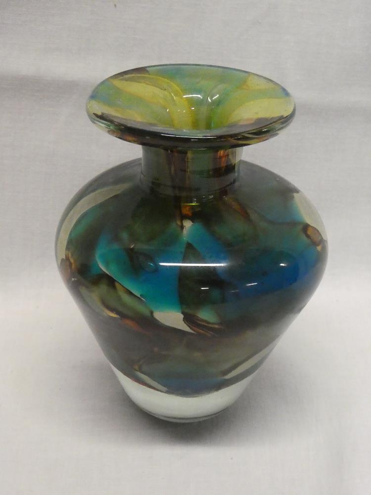 A Mdina glass tapered vase with green and brown decoration, signed,