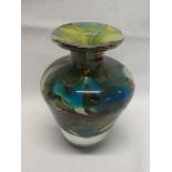 A Mdina glass tapered vase with green and brown decoration, signed,