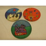 Three South African pottery folk art hand-painted plates with character decoration signed CHAS