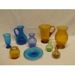 Nine pieces of Scottish-style glassware with crackle decoration in blue,